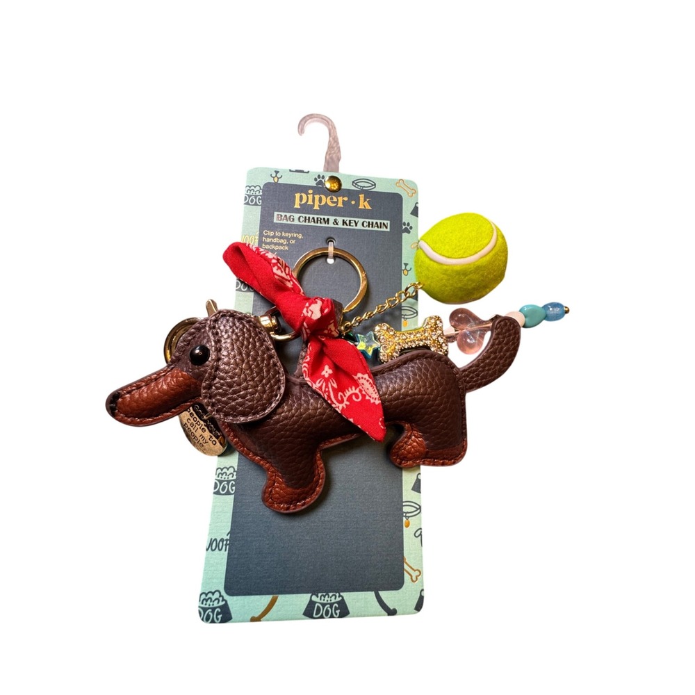 Piper K Dachshund Bag Charm Key Chain Brown Leather Dog Tennis Ball Rhinestone
